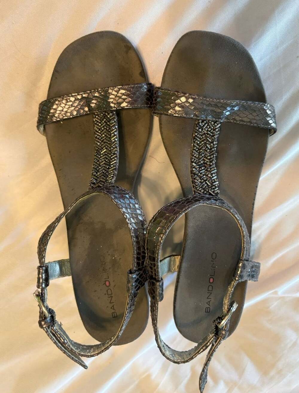 Preowned Bandolino T-Strap Wedge Sandals w/ Snakeskin Print & Beaded Detail, 7